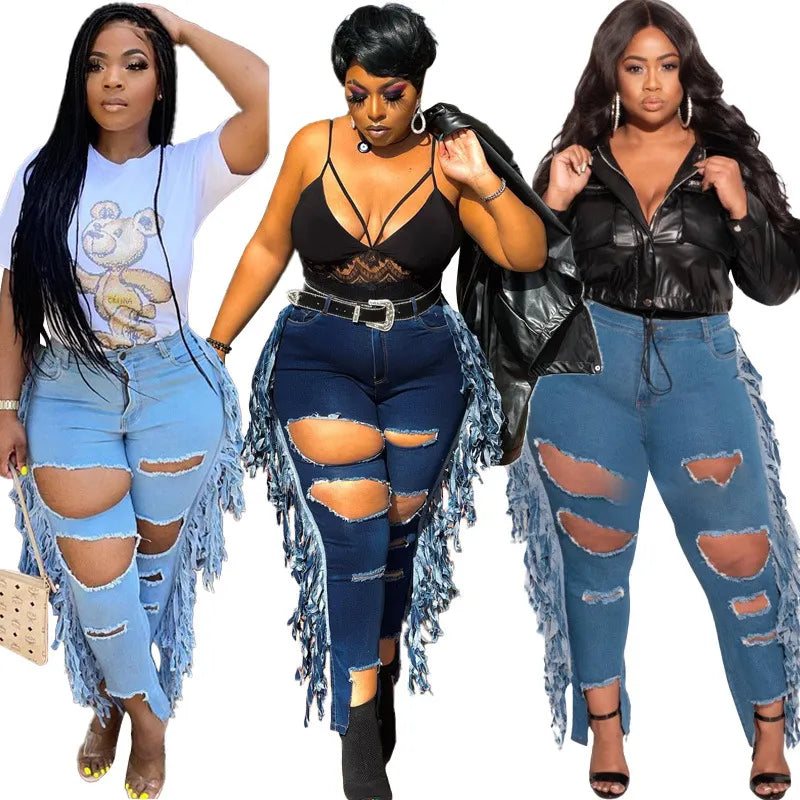 Streetwear Women Plus Size Ripped Jeans 2021 High Waist Hollow Out Light Washed Tassels Denim Pencil Pants