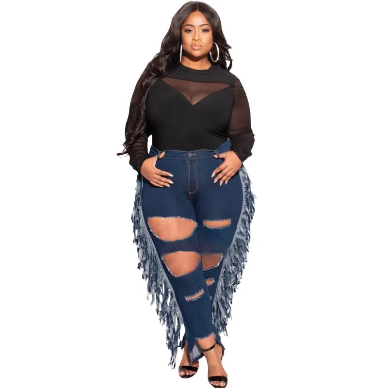 Streetwear Women Plus Size Ripped Jeans 2021 High Waist Hollow Out Light Washed Tassels Denim Pencil Pants