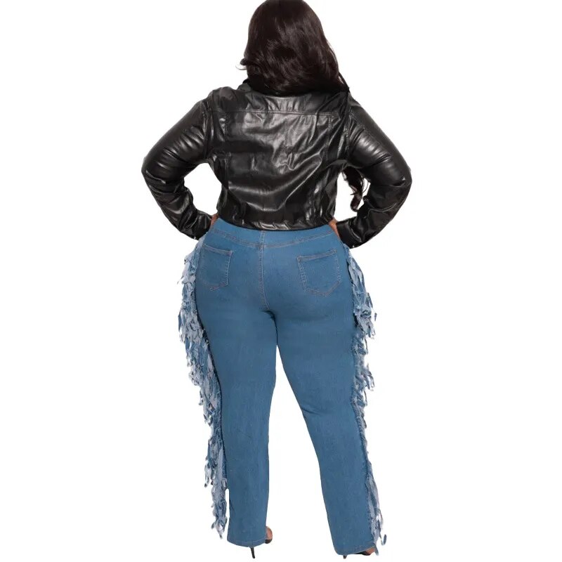Streetwear Women Plus Size Ripped Jeans 2021 High Waist Hollow Out Light Washed Tassels Denim Pencil Pants