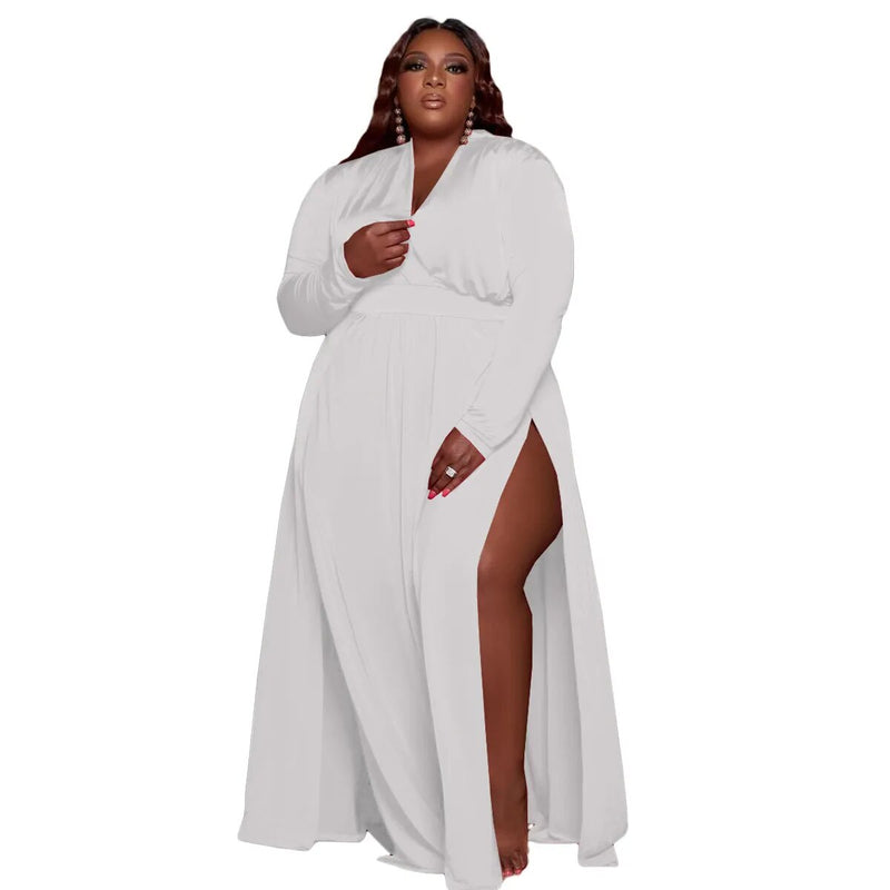 Plus-Size Women's Casual Split Dress with Sexy V-Neck and Long Sleeves