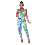 2021 New Arrival Fashion Design 2 pcs Women Set Luxury Print Turn-down Collar Blouse and Long Pants Sexy Club Outfits