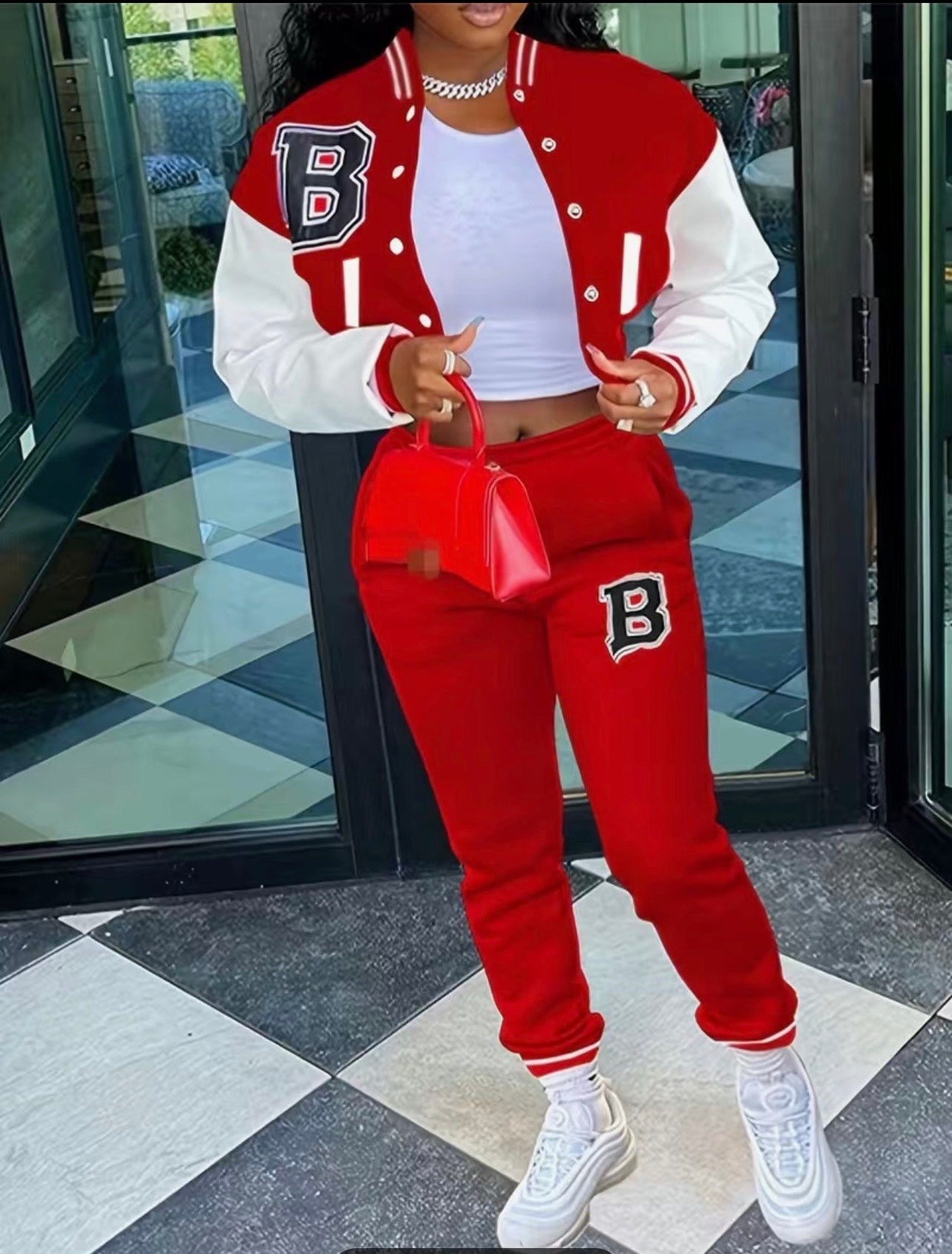 Two-piece set color block bomber jacket