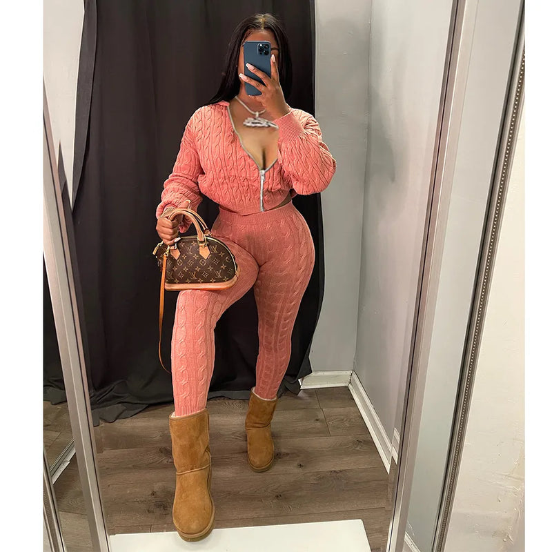 Two-Piece Autumn Knit Sweater Set for Women: Solid Color Tracksuit with Stretch