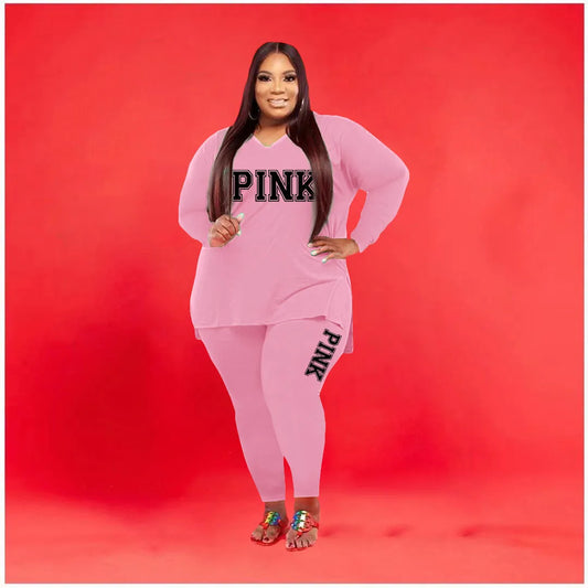 Plus Size Two-Piece Set: Long Sleeve V-Neck Top and Print Pants