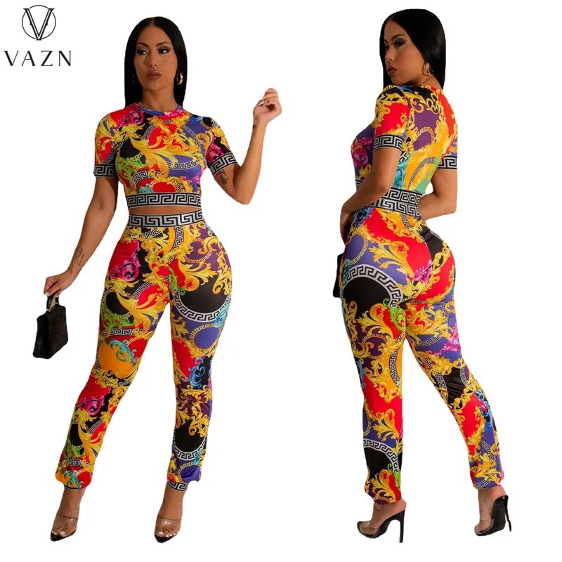 Street Muse Collection: VAZN 2023 New Street Girl Style Set - Short Sleeve Round Neck Top with Elastic Printed Long Pants for the Modern Lady