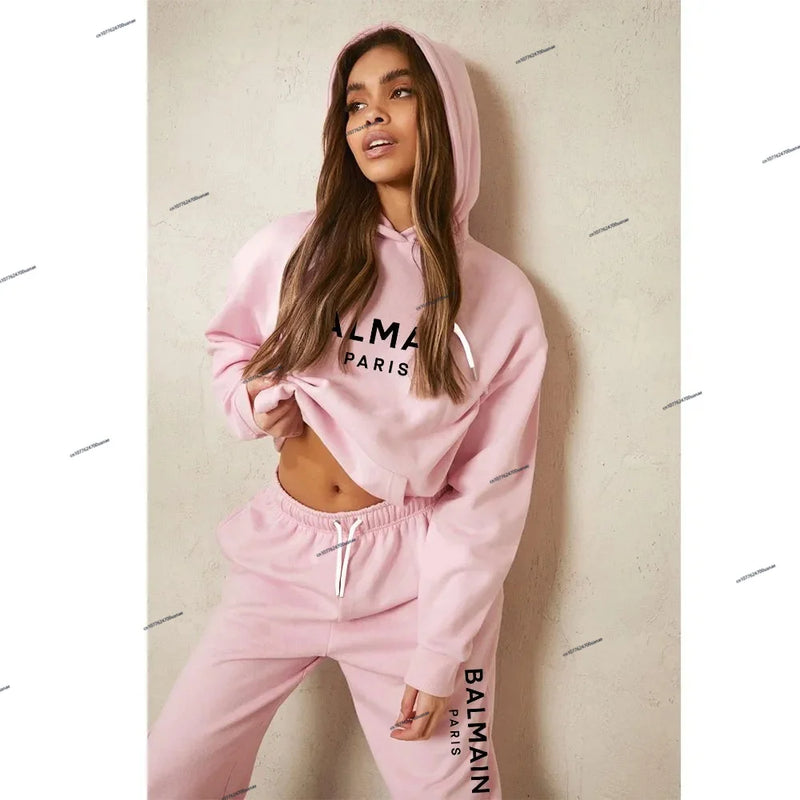 Women Activewear Luxury Printed Solid Color Two-Piece Hoodie and Pants Suit Set Y2K New Apparel Plus Size Women's Clothing