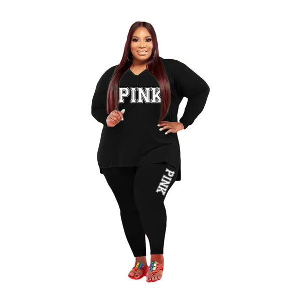 Plus Size Two-Piece Set: Long Sleeve V-Neck Top and Print Pants