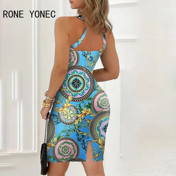 Sultry Silhouette Minidress: Chic Elegance with Sleeveless Halter, All-Over Print, and Sexy Hollow Out Slit for Unforgettable Style