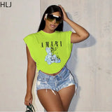 Sunshine Vibes Tee: HLJ Summer Letter Print, Sleeveless Chic with Side Slits for Casual Sporty Glam