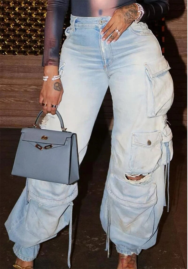 Vintage Streetwear Baggy Ripped Jeans High Waist Straight Wide Leg Pants Cargo Denim Trousers Grunge Clothes
