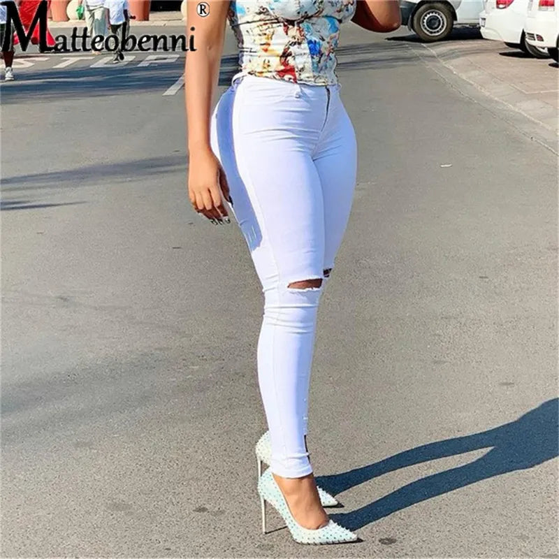 Women's Denim Pants Casual Solid Color High Stretch Ripped Skinny Thin Jeans Fashion Sexy Lift Hips Slim High Waist