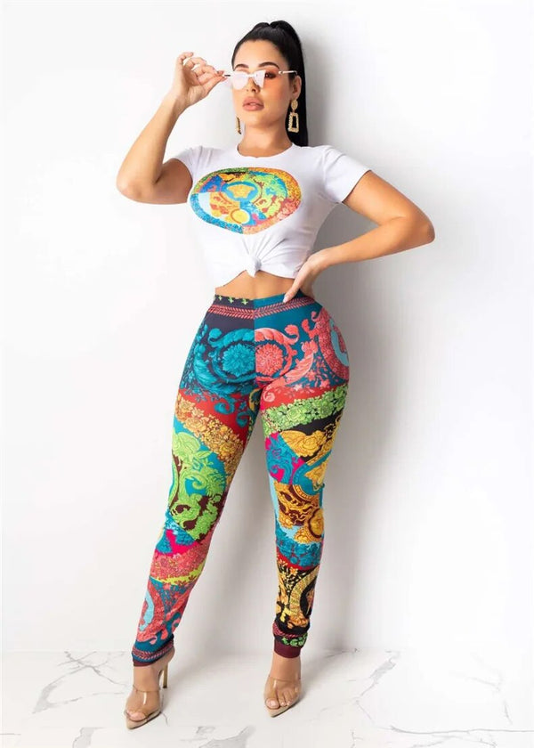 Summer Synchrony Set: Women's Printed Short-Sleeved T-shirt and Fashionable Casual Pants Ensemble