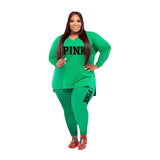 Plus Size Two-Piece Set: Long Sleeve V-Neck Top and Print Pants