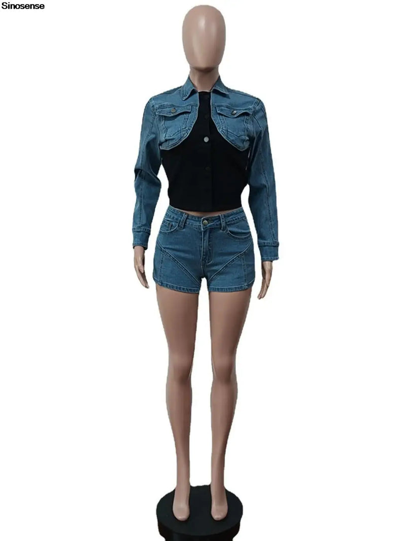 Women's Denim Two 2 Piece Set Long Sleeve Mini Jean Jacket+Jeans Shorts Spring Summer Streetwear Night Club Party Outfits