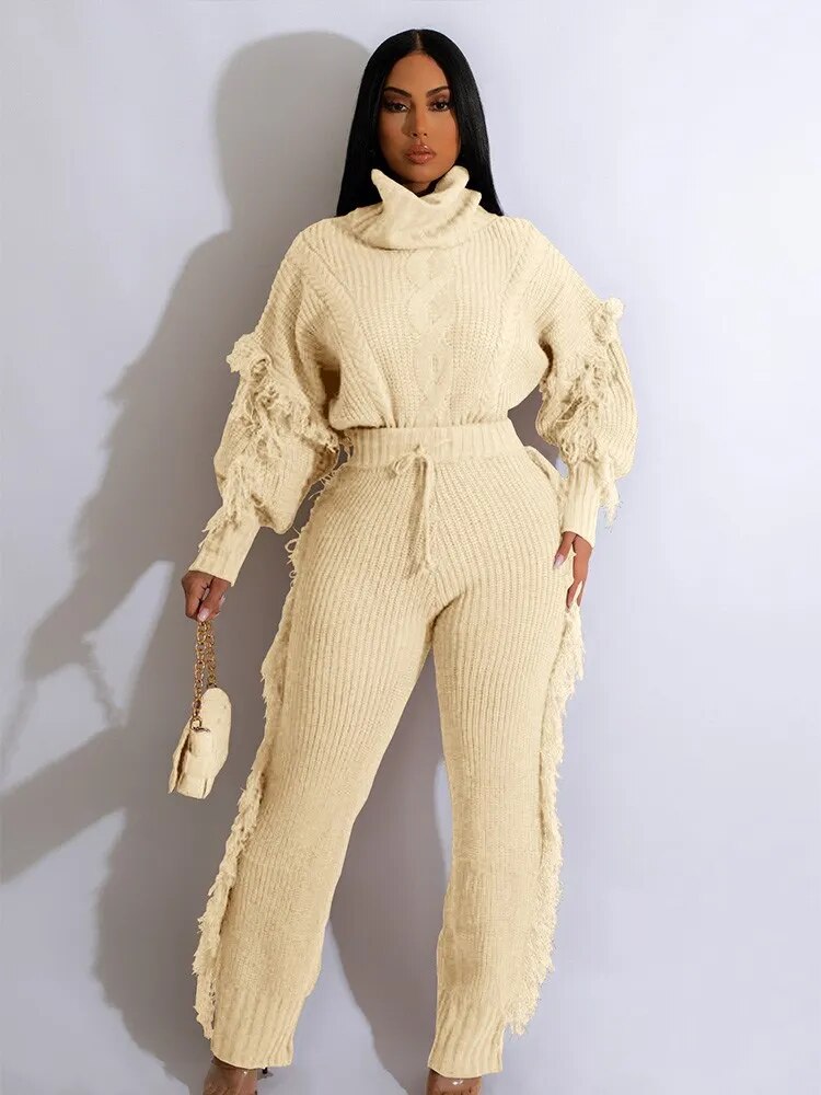 Tassel Knit 2-Piece: Puff Sleeve Sweater & Pants Set for Elegant Warmth.