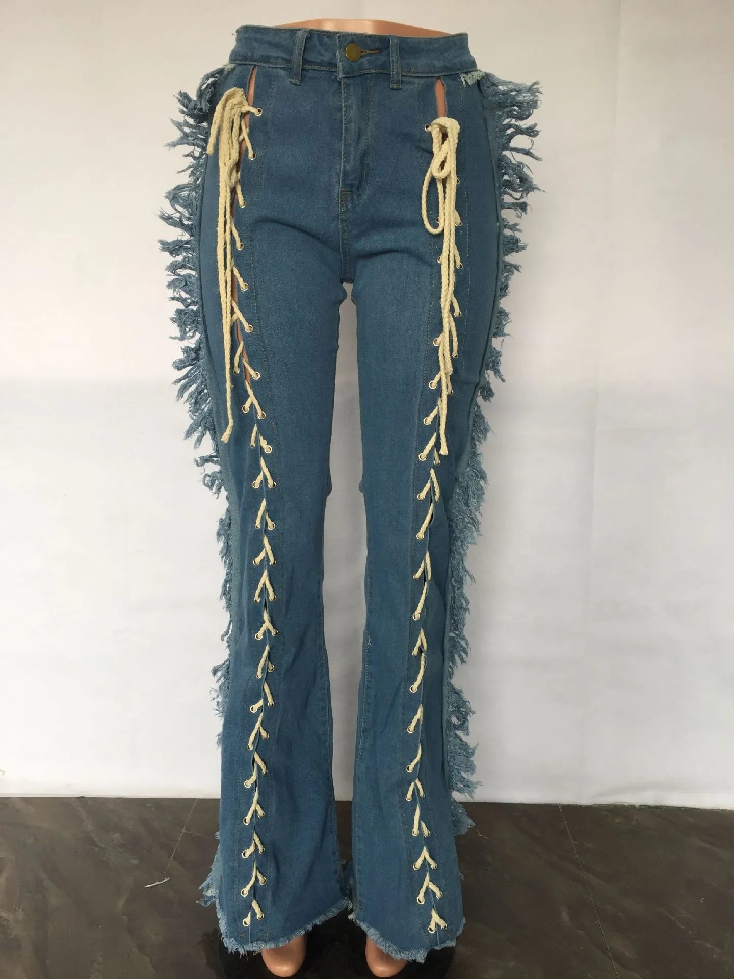 Sexy Tassel Bandage Jeans High Waist Lace Up Cotton Jeans Blue Black