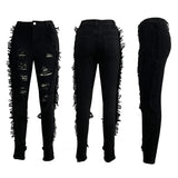 High Waist Ripped Jeans Black Blue Casual Side Tassels Hole Patchwork High Elastic Skinny Denim Pants