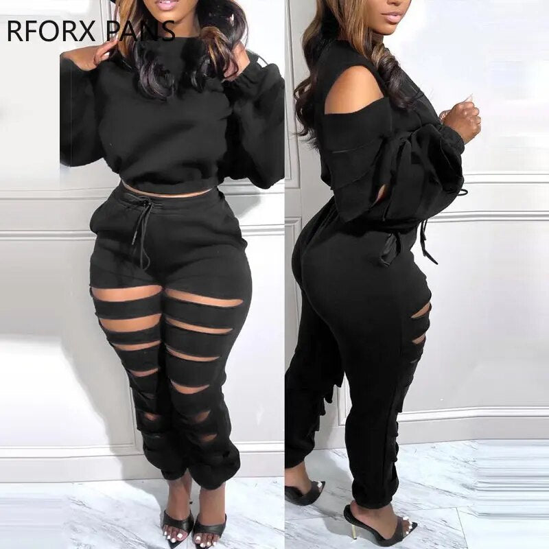 Women Solid Casual Crop Top Long Sleeves Hole Drawstring Asymmetrical Ankle Length Pants Sets