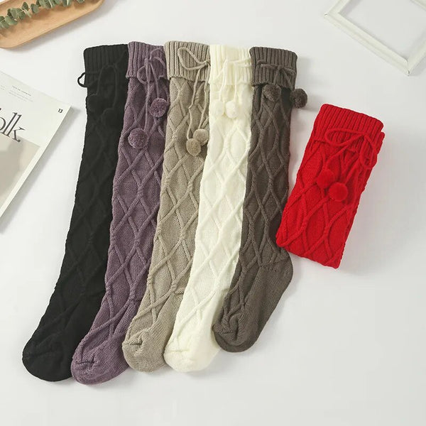 Pair Braided Bowknot Decor Knee-High Socks