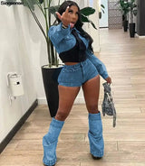 Women's Denim Two 2 Piece Set Long Sleeve Mini Jean Jacket+Jeans Shorts Spring Summer Streetwear Night Club Party Outfits
