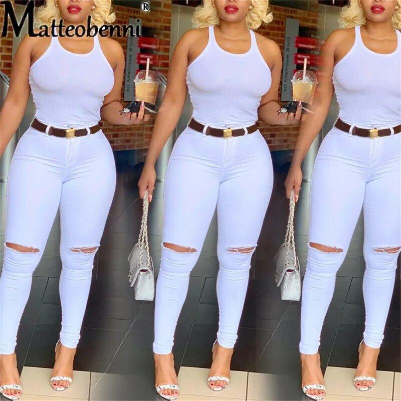 Women's Denim Pants Casual Solid Color High Stretch Ripped Skinny Thin Jeans Fashion Sexy Lift Hips Slim High Waist