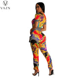 Street Muse Collection: VAZN 2023 New Street Girl Style Set - Short Sleeve Round Neck Top with Elastic Printed Long Pants for the Modern Lady
