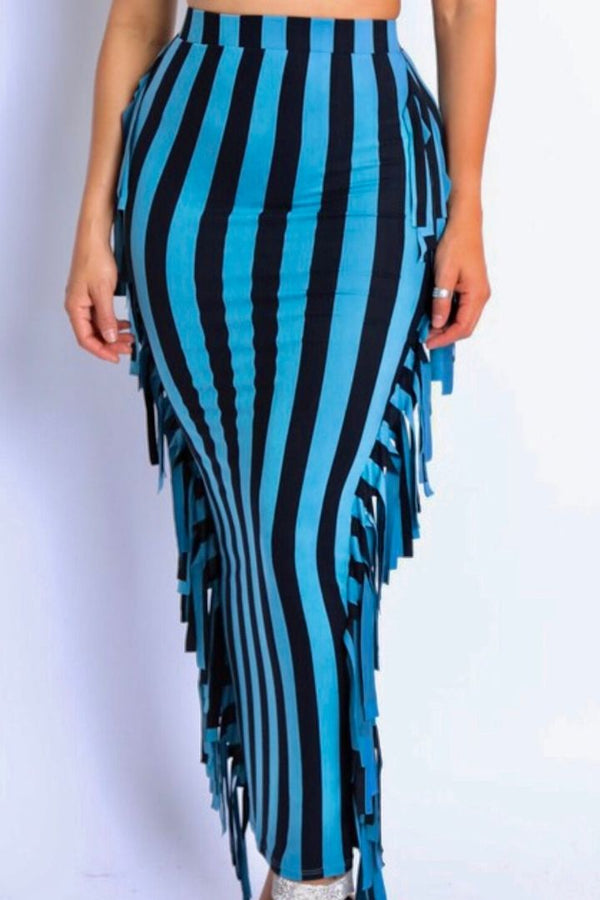 Stripe Printed Fringe Maxi Skirt
